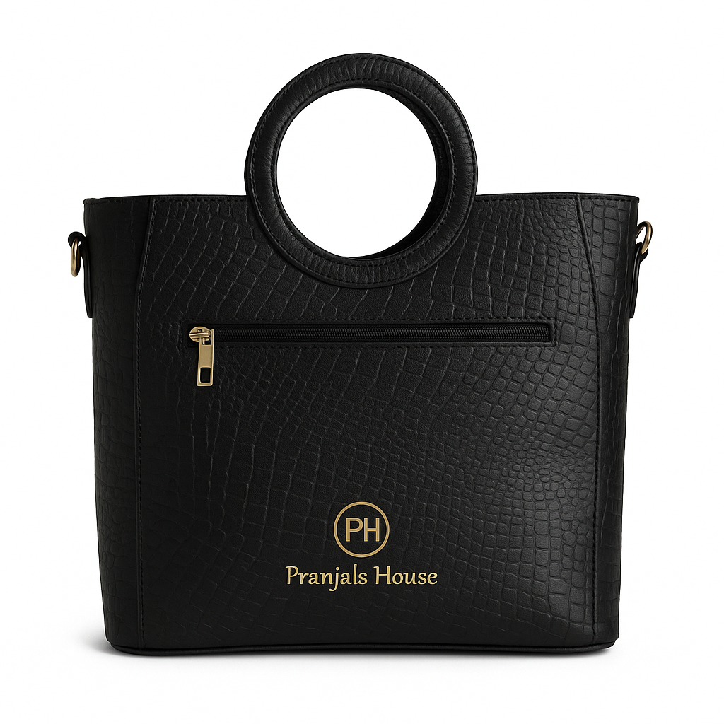 Women’s Black Croco Leather Bag | Round Handle Tote Purse